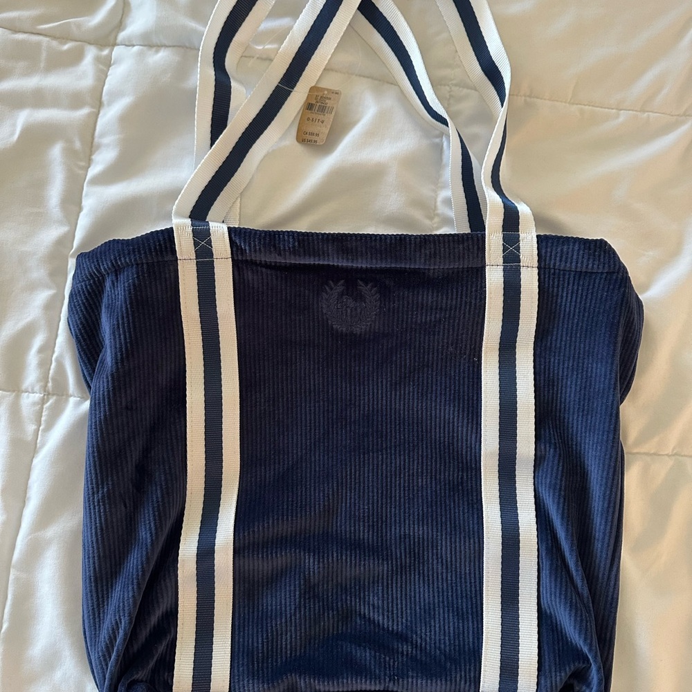 VS Corduroy Navy Blue Tote Bag with White Stripes